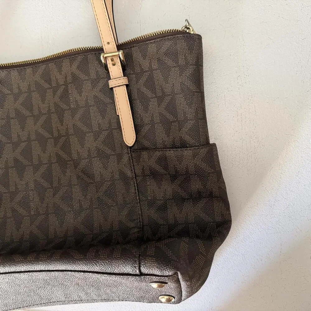 Michael Kors Tote Bag Womens Large Brown Logo PVC Leather Zip Shoulder Handbag